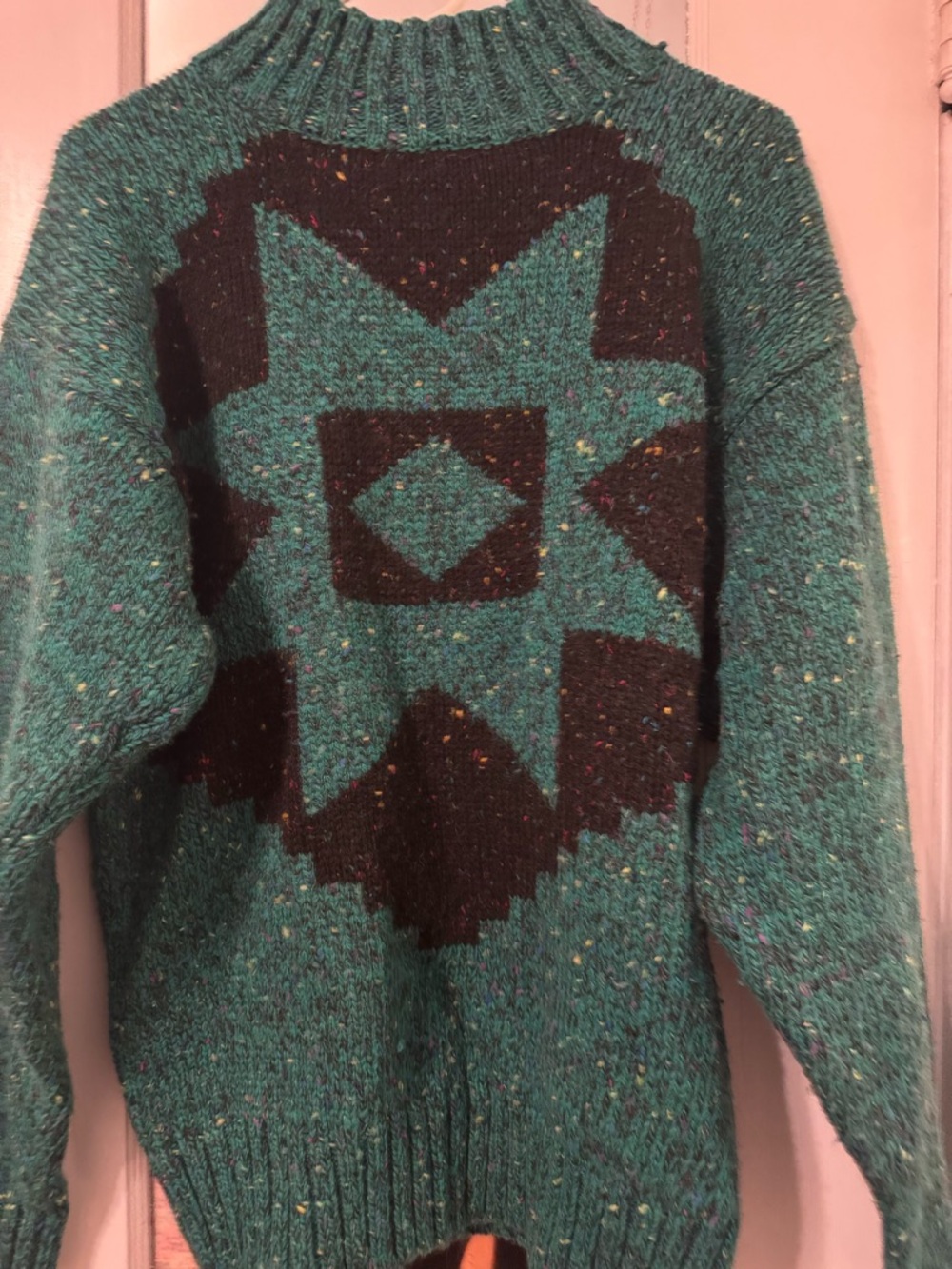 VTG Lizwear Teal Green Geometric Star Chunky Knit Sweater Size M